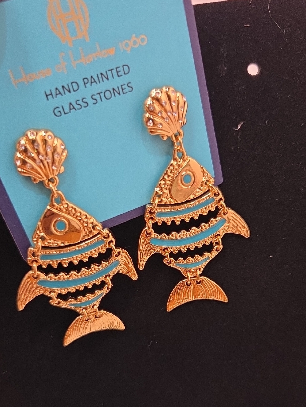 🐟▪️House of Harlow▪️ 1960 Gold Tone Hand Painted Turquoise Fish Drop Earrings - Picture 5 of 8